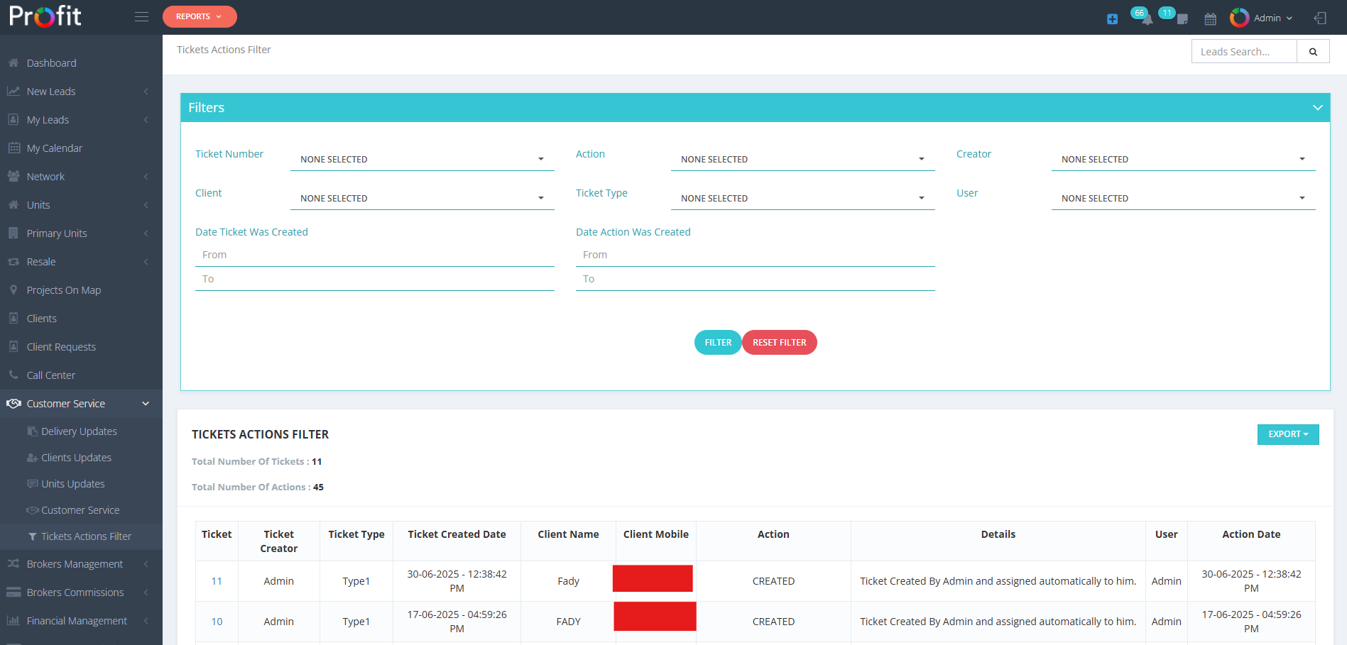 Tickets Actions Filter Interface